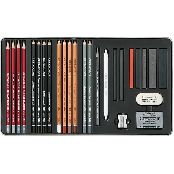 Set avansat de desen și schițe Cretacolor Teachers' Choice, 26 buc., cutie metalică