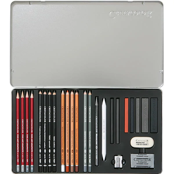 Set avansat de desen și schițe Cretacolor Teachers' Choice, 26 buc., cutie metalică