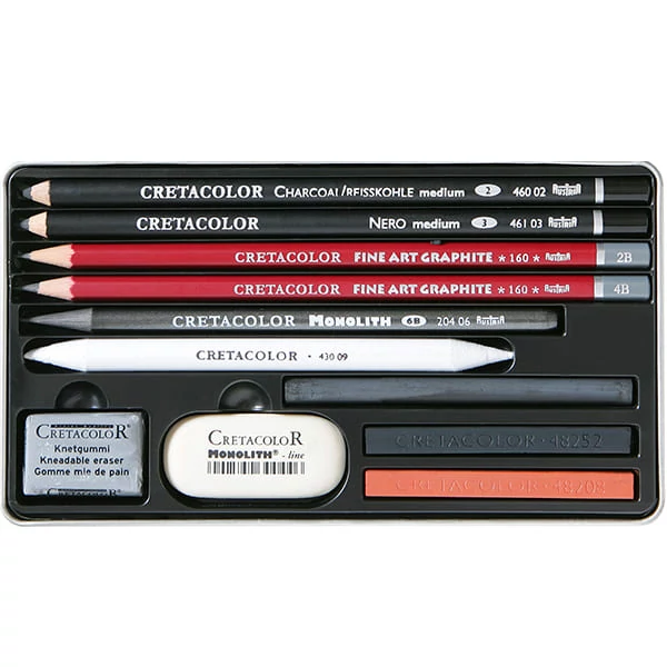 Set de desen și schițe pentru începători Cretacolor Teachers' Choice, 11 piese, cutie metalică