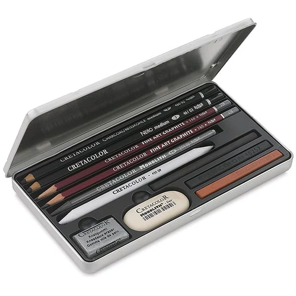 Set de desen și schițe pentru începători Cretacolor Teachers' Choice, 11 piese, cutie metalică