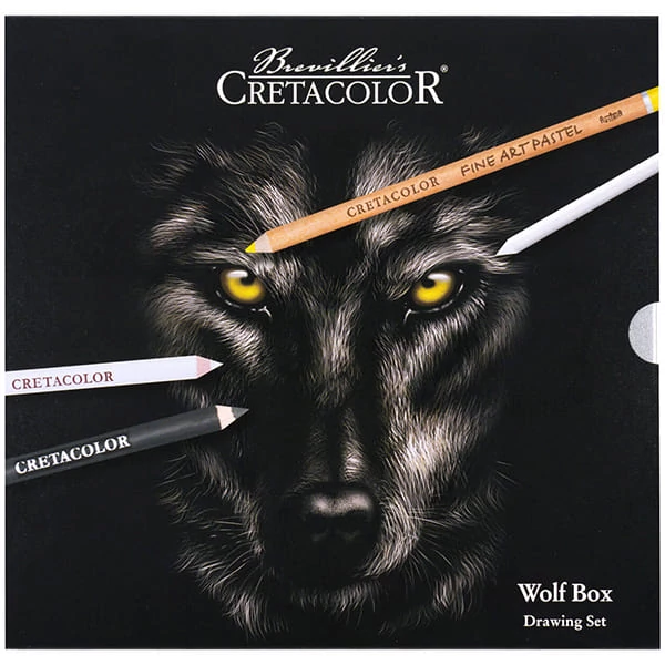 Set de desen alb-negru Cretacolor Wolf Box, 25 piese, cutie metalica