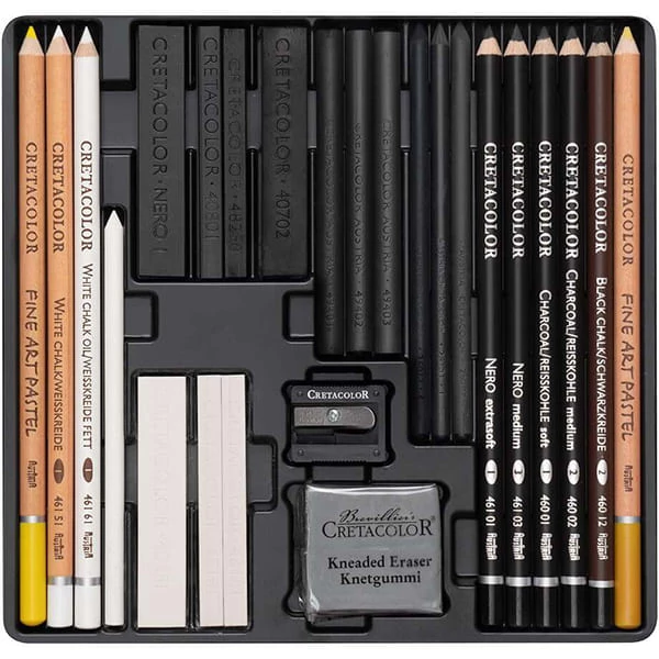 Set de desen alb-negru Cretacolor Wolf Box, 25 piese, cutie metalica