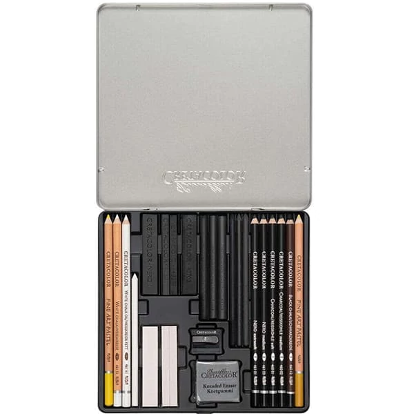 Set de desen alb-negru Cretacolor Wolf Box, 25 piese, cutie metalica
