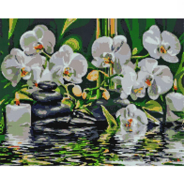 Pictură cu diamante , pe pânză întinsă , 40x50 cm - Liniste lângă  orhidee