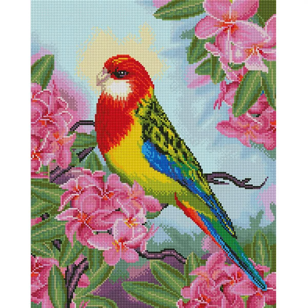 Pictură cu diamante , pe pânză întinsă , 40x50 cm - Papagal printre flori