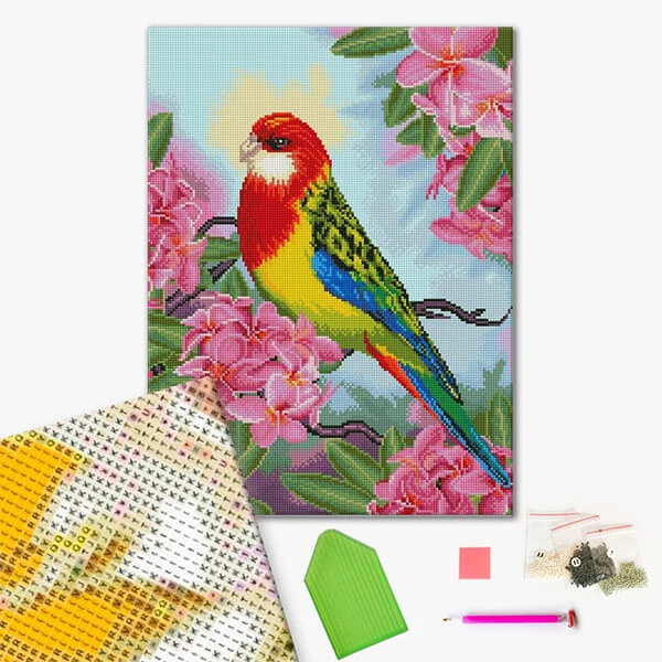 Pictură cu diamante , pe pânză întinsă , 40x50 cm - Papagal printre flori