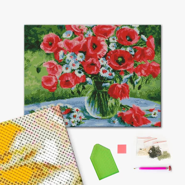 Pictură cu diamante , pe pânză întinsă , 40x50 cm - Maci cu coroana de margarete