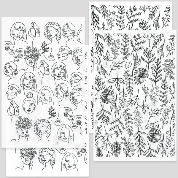 Hârtie de transfer pentru plastilina care se poate coace, 9x14 cm, 2x2 buc - fețe, ierburi - negru
