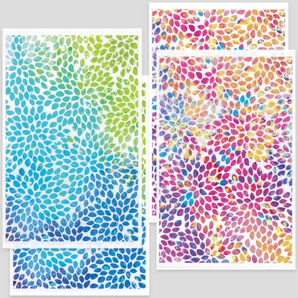 Hârtie de transfer pentru plastilina care se poate coace , 9x14 cm, 2x2 buc - petale de flori - albastru-verde, multicolor