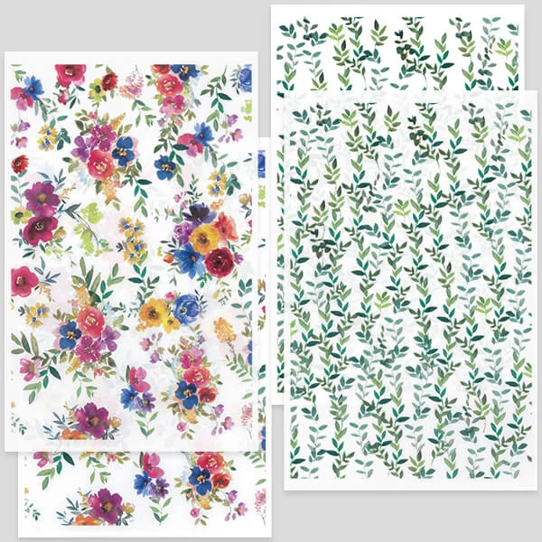 Hârtie de transfer pentru plastilina care se poate coace , 9x14 cm, 2x2 buc - buchete de flori, frunze - multicolor, verde