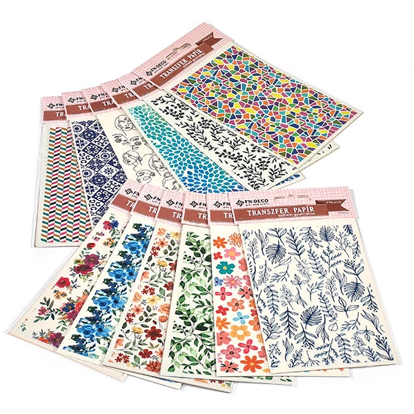 Hârtie de transfer pentru plastilina care se poate coace , 9x14 cm, 2x2 buc - buchete de flori, frunze - multicolor, verde