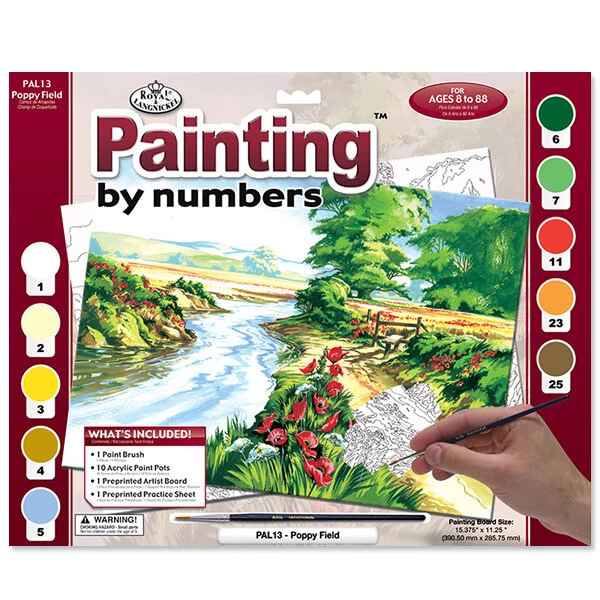 Set de colorat după numere, culori acrilice+pensulă, 29x39 cm - Camp de mac