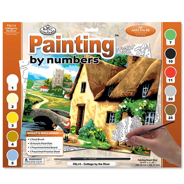 Set de colorat după numere, culori acrilice+pensulă, 29x39 cm - Cabana langa rau