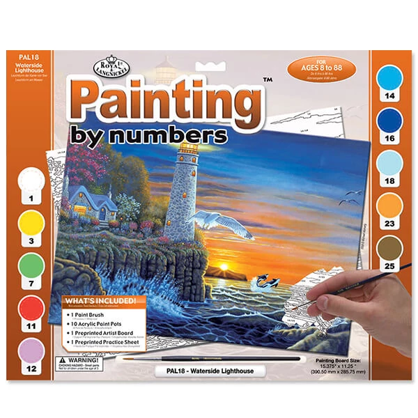Set de colorat după numere, culori acrilice+pensulă, 29x39 cm - Far de la malul apei