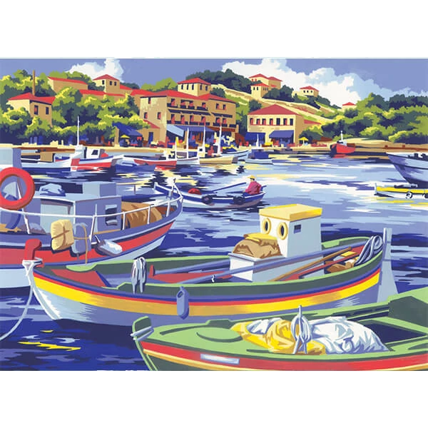 Set de colorat după numere, culori acrilice+pensulă, 29x39 cm - barci de pescuit mediteraneene