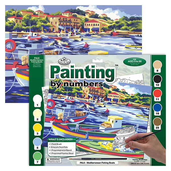 Set de colorat după numere, culori acrilice+pensulă, 29x39 cm - barci de pescuit mediteraneene