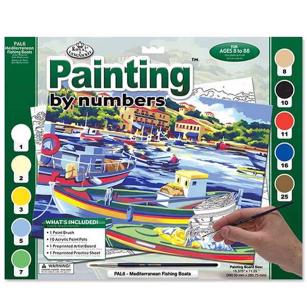 Set de colorat după numere, culori acrilice+pensulă, 29x39 cm - barci de pescuit mediteraneene