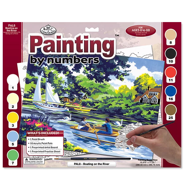 Set de colorat după numere, culori acrilice+pensulă, 29x39 cm - Barca pe rau