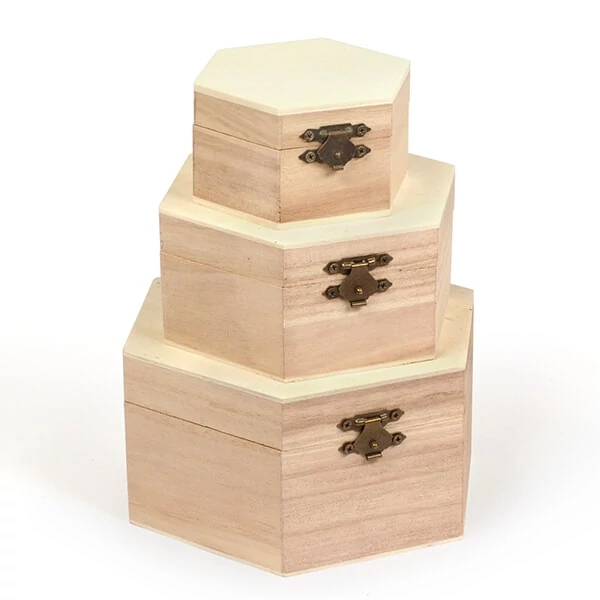 Set de cutii de lemn - 3 bucăți, hexagonale, 16x16x8/13x13x6/9x9x5 cm