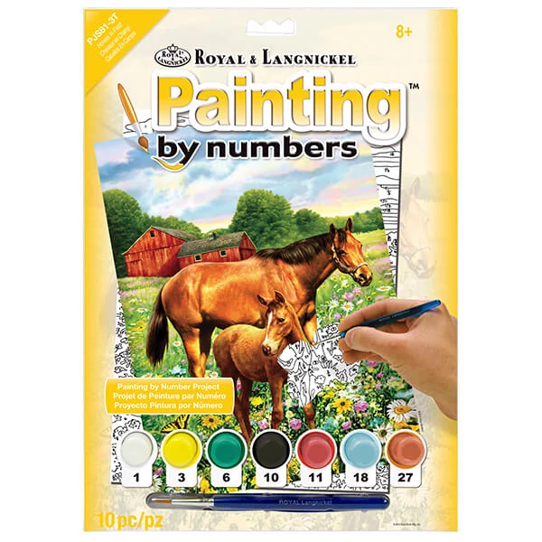 Set de colorat după numere, culori acrilice+pensulă, 22x30 cm - Cai pe pajiște