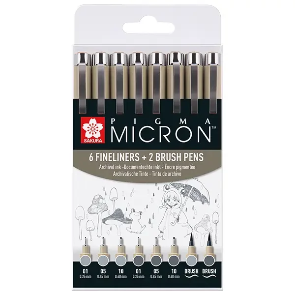 Sakura Pigma Micron Set stilou pentru desen tehnic és markere tip pensulă  - 6+2 piese, nuanțe de gri