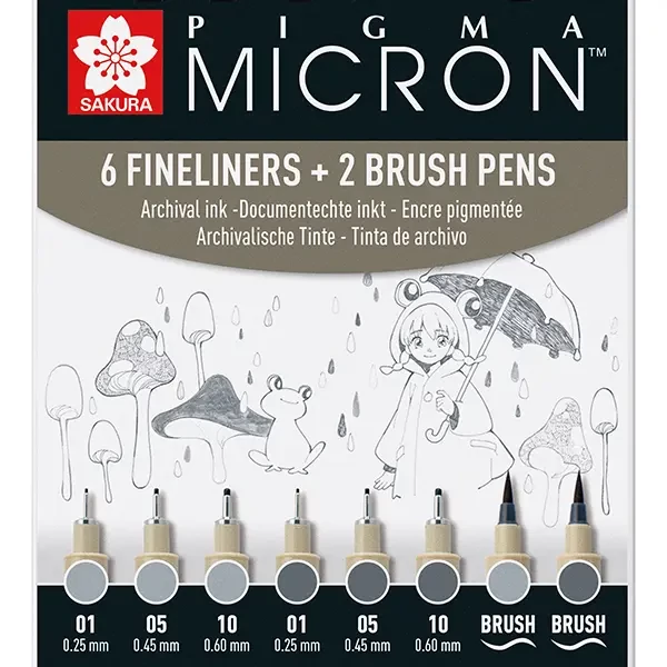 Sakura Pigma Micron Set stilou pentru desen tehnic és markere tip pensulă  - 6+2 piese, nuanțe de gri