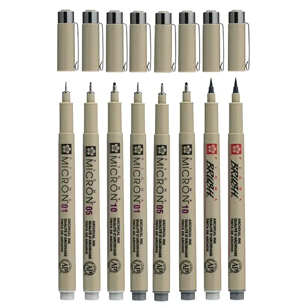 Sakura Pigma Micron Set stilou pentru desen tehnic és markere tip pensulă  - 6+2 piese, nuanțe de gri