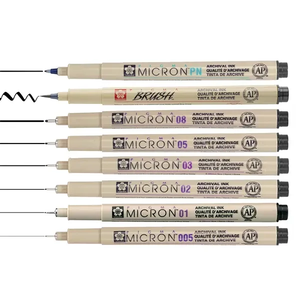 Set de creioane tehnice Sakura Pigma Micron, creion pensulă și creion ac - 6+1+1 buc