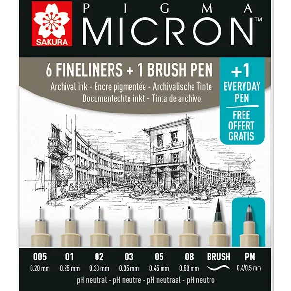 Set de creioane tehnice Sakura Pigma Micron, creion pensulă și creion ac - 6+1+1 buc