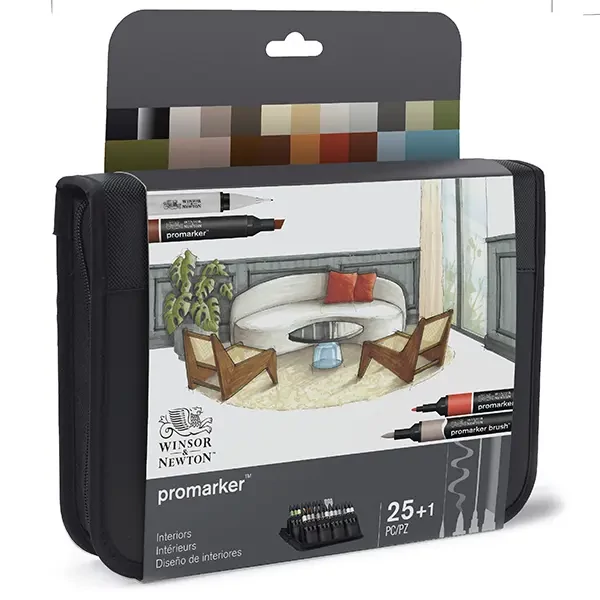 Set de markere cu alcool cu două capete ProMarker - 25+1 buc, interiors, într-o husă cu fermoar