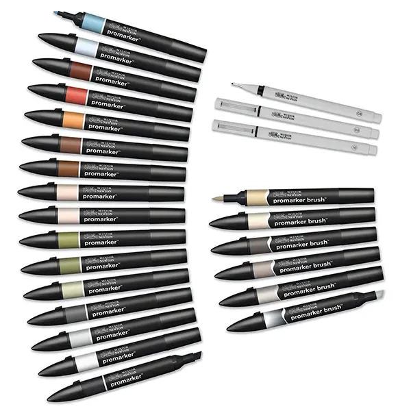 Set de markere cu alcool cu două capete ProMarker - 25+1 buc, interiors, într-o husă cu fermoar