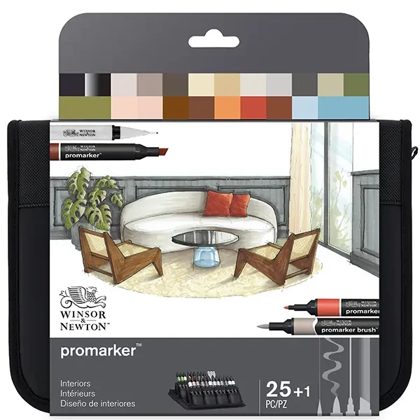 Set de markere cu alcool cu două capete ProMarker - 25+1 buc, interiors, într-o husă cu fermoar