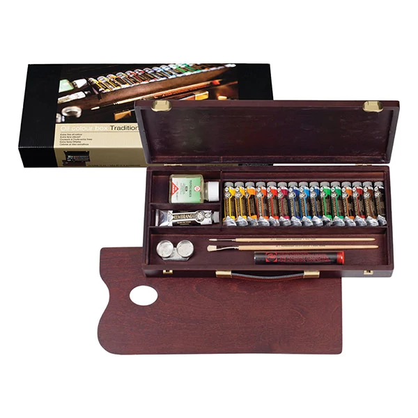 Talens Rembrandt set pictură în ulei - 15x15 ml + 1x40 ml + accesorii, în cutie de lemn