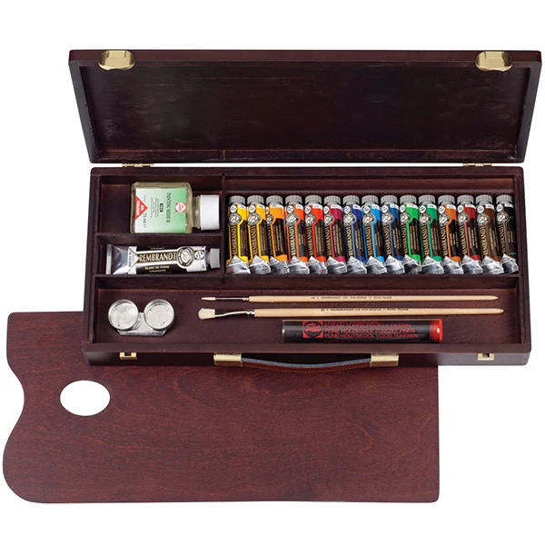 Talens Rembrandt set pictură în ulei - 15x15 ml + 1x40 ml + accesorii, în cutie de lemn