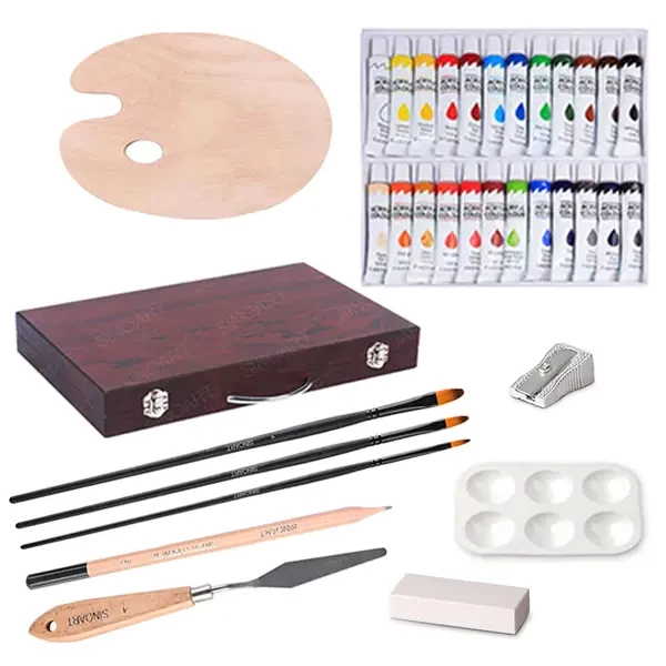 Set de vopsele acrilice, 34 buc, într-o cutie din lemn