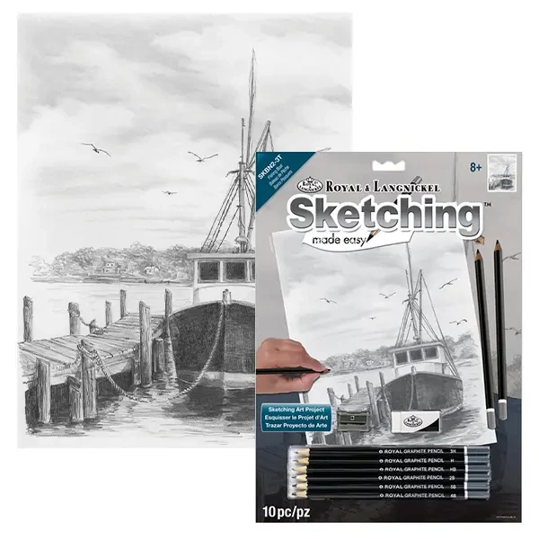 Desen de schiță realizat cu instrumente din setul de desen grafic, 22x30 cm – Barcă de pescuit