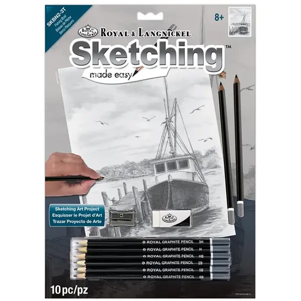 Desen de schiță realizat cu instrumente din setul de desen grafic, 22x30 cm – Barcă de pescuit