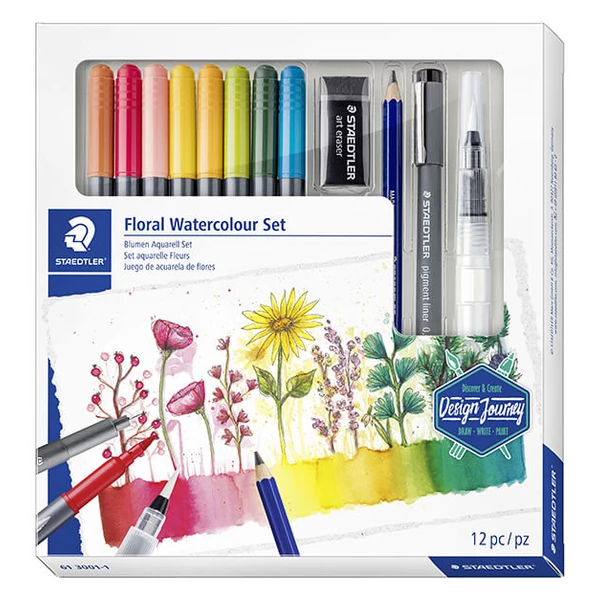 Set markere pensulă, Staedtler, Design Journey, Floral watercolour, cu două vârfuri - 12buc