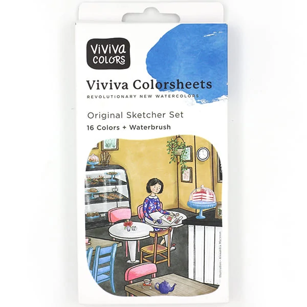 Set de palete de hârtie acuarelă Viviva Colorsheets - 16 culori + pensulă cu rezervor de apă, Original Sketcher Set