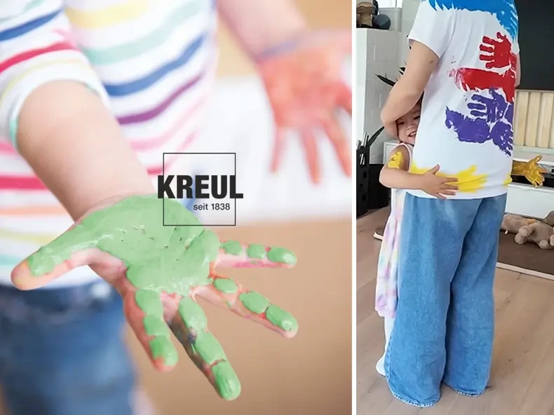 Îmbrățișări colorate pe tricouri cu vopsea textilă Mucki, prietenoasă cu pielea