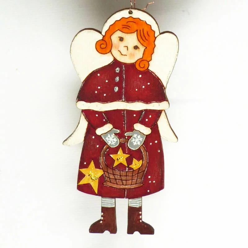 Figurină din lemn, atârnabilă, modelată cu laser - decor din lemn, înger cu coș