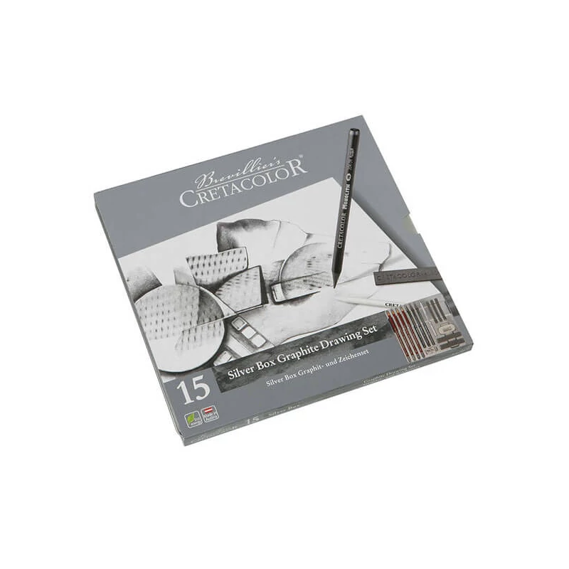 Set de desen din grafit Cretacolor Silver Box, 15 piese, cutie metalica
