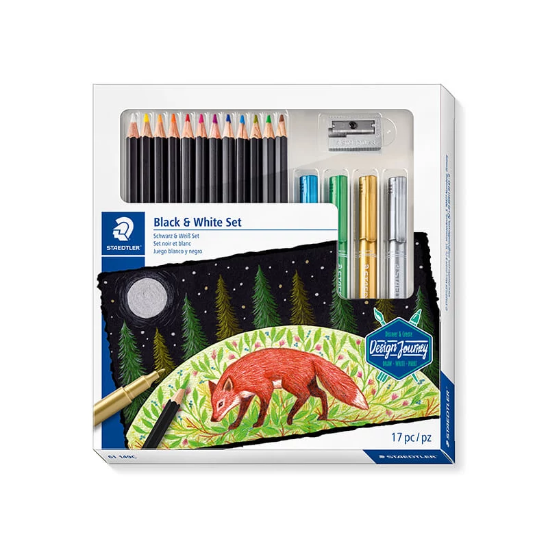 Set creioane colorate, Staedtler, Design Journey, alb-negru, cu ascuțitor, marker decor