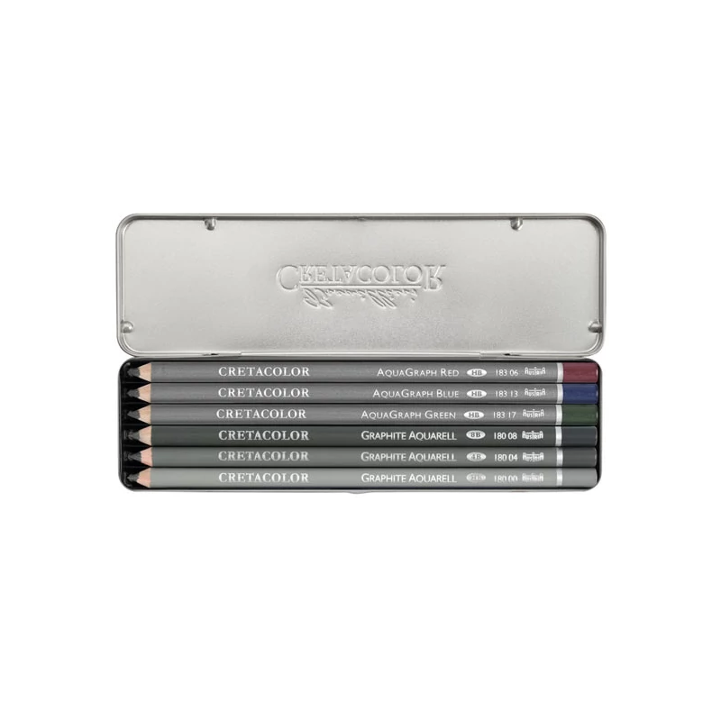 Cretacolor Watercolor Graphite Pocket Set Set creioane grafit solubile în apă , 6 bucăți, cutie metalică