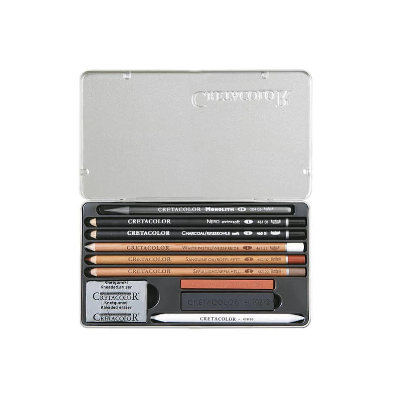 Set de desen și schiță  Cretacolor Artino, 10 bucati, cutie metalica