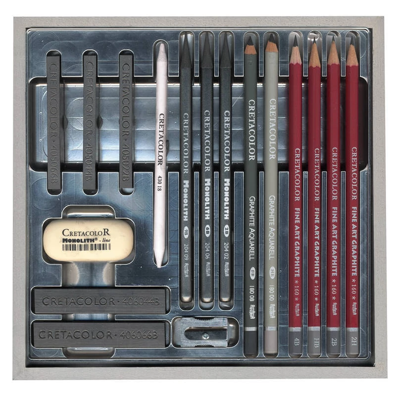 Set de desen grafit Cretacolor Silver Box, 17 buc, cutie din lemn