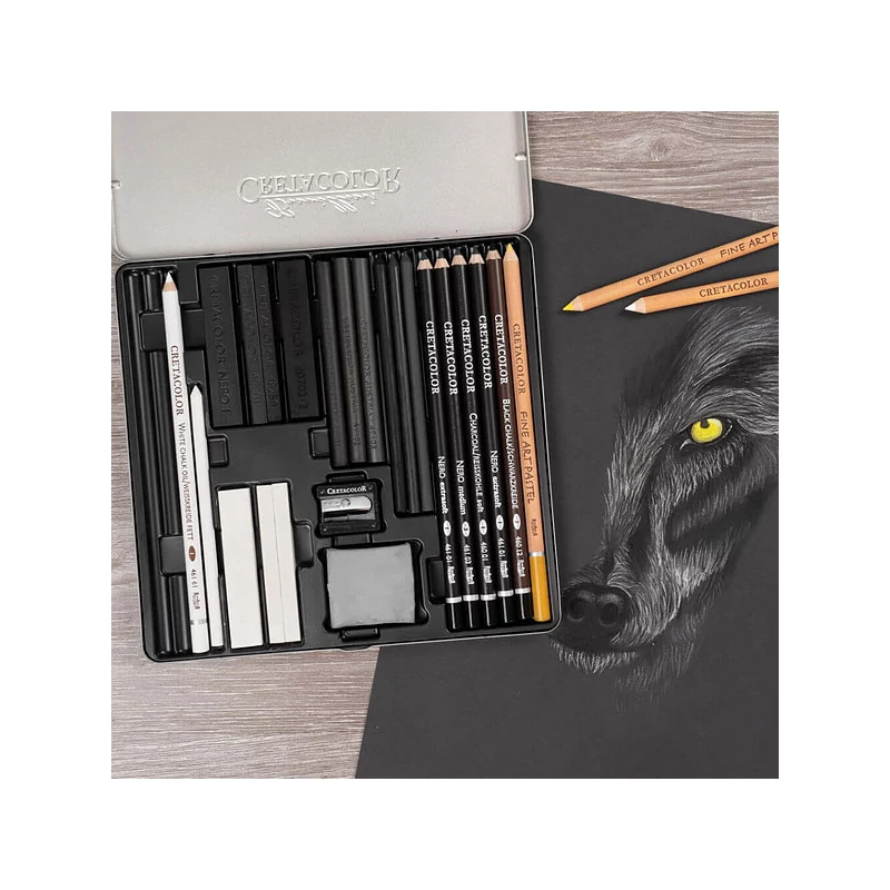 Set de desen alb-negru Cretacolor Wolf Box, 25 piese, cutie metalica