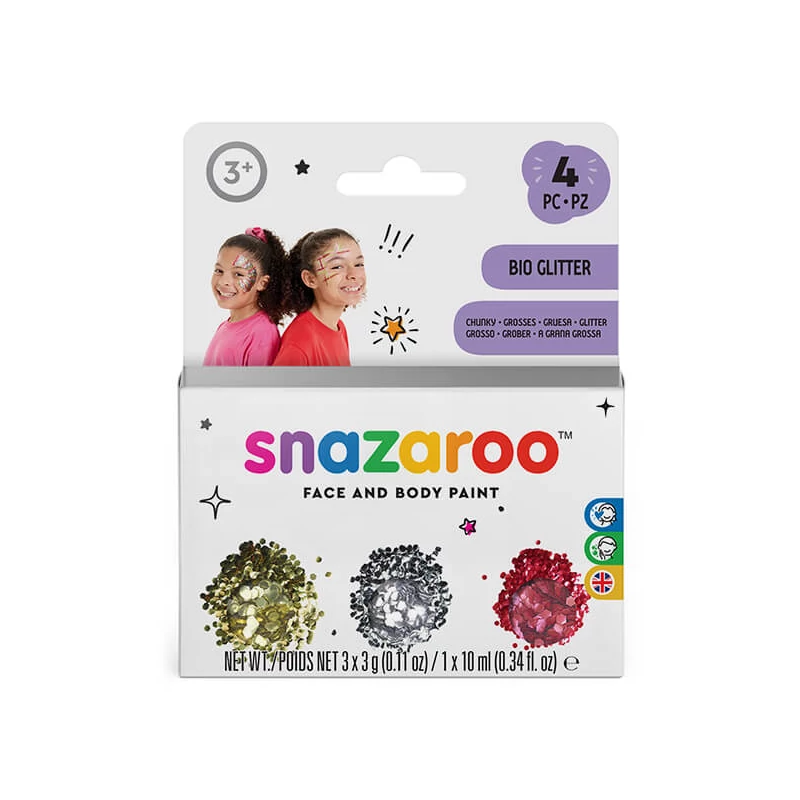 Snazaroo Bio Glitter Chunky Set paiete cu gel de fixare 