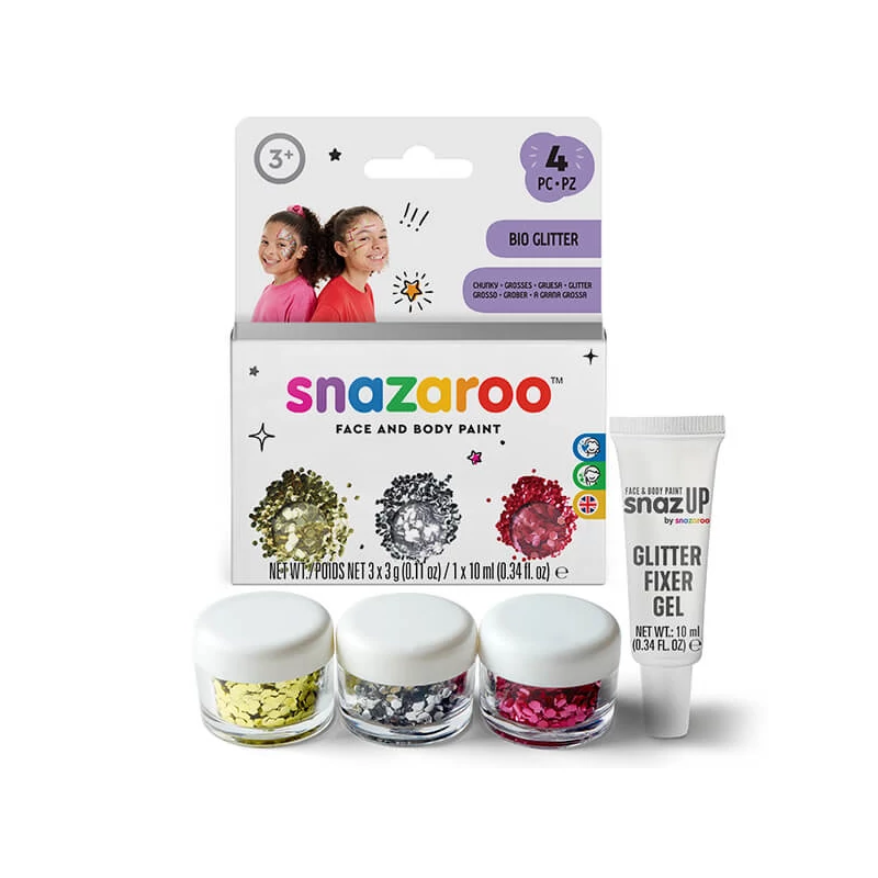 Snazaroo Bio Glitter Chunky Set paiete cu gel de fixare 