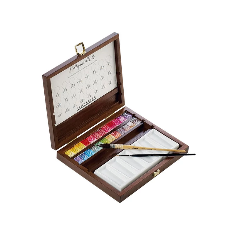 Set Culori acuarelă  Sennelier - 24x recipient de 1/2 + accesorii, cutie din lemn